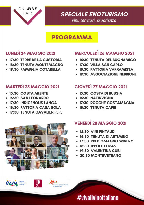 ON-WINE FAIR – la Fiera Virtuale del Vino Italiano torna dal 24 al 28 maggio 2021 con una speciale terza edizione dedicata all’ENOTURISMO, patrocinata da ONAV.  I webinar di ON-WINE FAIR si svolgeranno in diretta e offriranno un affascinante viaggio nelle terre del vino italiano a tutti gli appassionati ed esperti di vino e turismo enogastronomico.