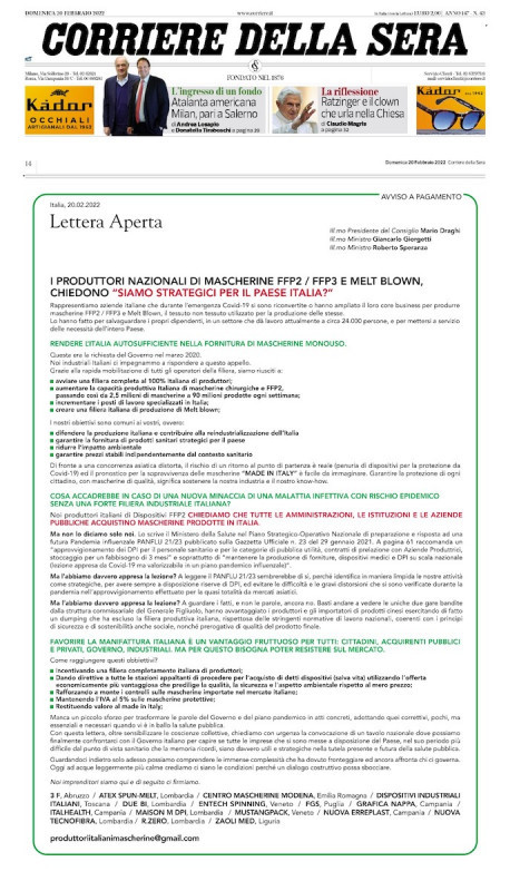 Roma - I Produttori Nazionali di Mascherine FFP2 e Melt Blown scrivono una lettera aperta al Presidente del Consiglio Mario Draghi, al Ministro Giancarlo Giorgetti ed al Ministro Roberto Speranza chiedendo: “SIAMO STRATEGICI PER IL PAESE ITALIA?” Ecco ...