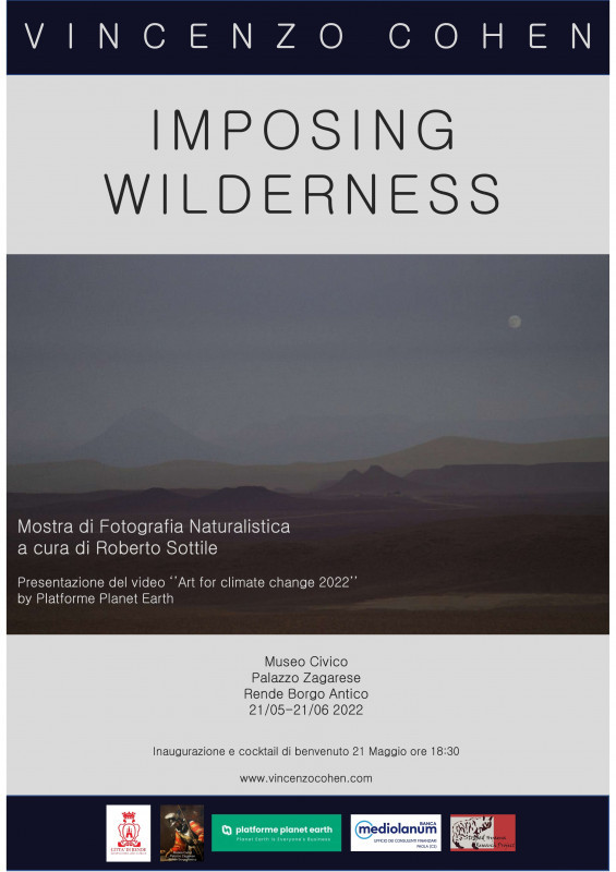 Si inaugura giorno 21 Maggio alle ore 18.30 presso il Museo Civico di Rende (CS) la mostra fotografica di Vincenzo Cohen dal titolo Imposing Wilderness (Imponente deserto). L'esposizione ubicata presso le sale di Palazzo Zagarese nella suggestiva cornice dell'antico borgo di Rende, è costituita da fotografie naturalistiche frutto del reportage documentaristico dell'artista. Il progetto, realizzato con la collaborazione dall'assessorato alla Cultura di Rende, è stato inserito nel nuovo video Art for Climate Change realizzato dalla regista americana J.Holm che raccoglie testimonianze di artisti internazionali sul cambiamento climatico.