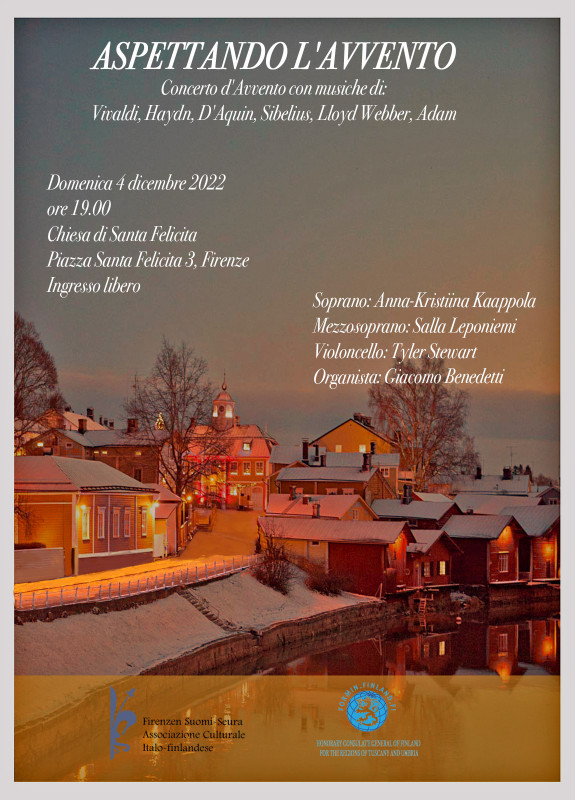 Domenica 4 dicembre, alle ore 19:00, nella splendida cornice della Chiesa di Santa Felicita a Firenze (Piazza Santa Felicita 3) si terrà un concerto di musica classica che ci condurrà nelle magiche atmosfere del Natale nordico riscoprendone i valori spirituali attraverso il linguaggio universale della musica. Ospiti speciali della serata saranno infatti due cantanti liriche finlandesi, il soprano Anna-Kristiina Kaappola e il mezzosoprano Salla Leponiemi. Inoltre dalle ore 16:00 di fronte alla chiesa si svolgerà un piccolo bazar con prodotti e decorazioni natalizie della tradizione finlandese e nordica.