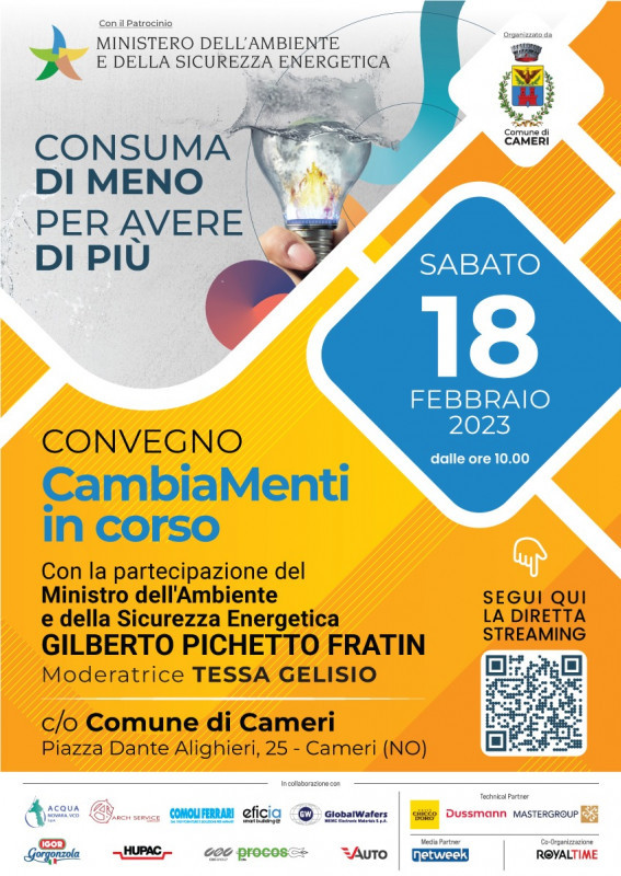 A Cameri ( NO ), per fare il punto sulla situazione emergenziale idrica, energetica e delle  materie prime sarà presentato un convegno, unito ad una campagna di comunicazione, dedicato al risparmio energetico.