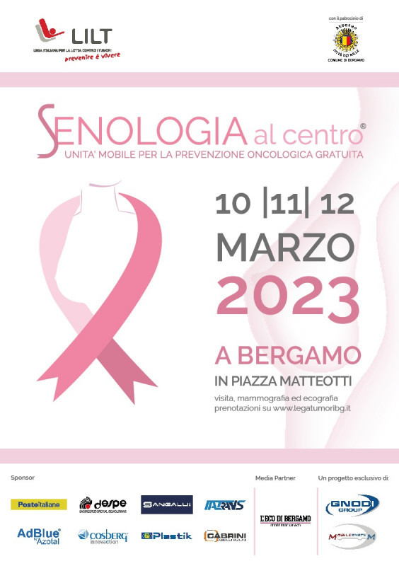 Gruppo Gnodi in collaborazione con LILT sezione provinciale di Bergamo Onlus ed il supporto di Mobile System S.r.l con il patrocinio del Comune di Bergamo presenta l’iniziativa “Senologia al centro”, con la quale verrà messa a disposizione, in Piazza Giacomo Matteotti di Bergamo, una clinica mobile modulare dotata di accoglienza, sala visita, ecografo e mammografo.